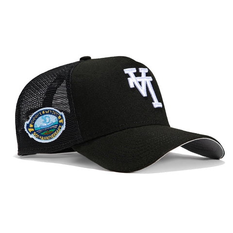 New Era 9Forty A-Frame Trucker Los Angeles Dodgers 50th Anniversary Stadium Patch Upside Down Snapback Hat - Black