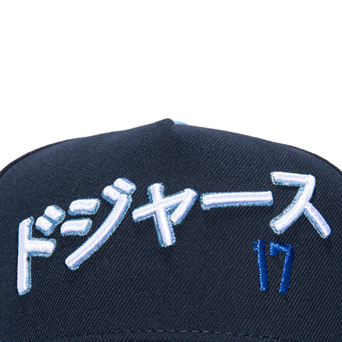 New Era 9Forty A-Frame Los Angeles Dodgers Shohei Ohtani 50/50 Patch Kanji Script Snapback Hat - Navy, Light Blue