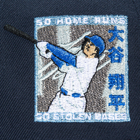 New Era 9Forty A-Frame Los Angeles Dodgers Shohei Ohtani 50/50 Patch Kanji Script Snapback Hat - Navy, Light Blue